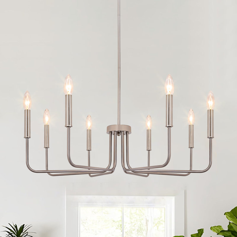 Farmhouse 8-Light Candle Chandelier For Kitchen, Living Room, Brushed Nickel