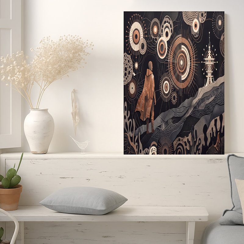 Art mural sur toile, figure de bronze près de la tour et cercles géométriques, H 16 po x l 24 po
