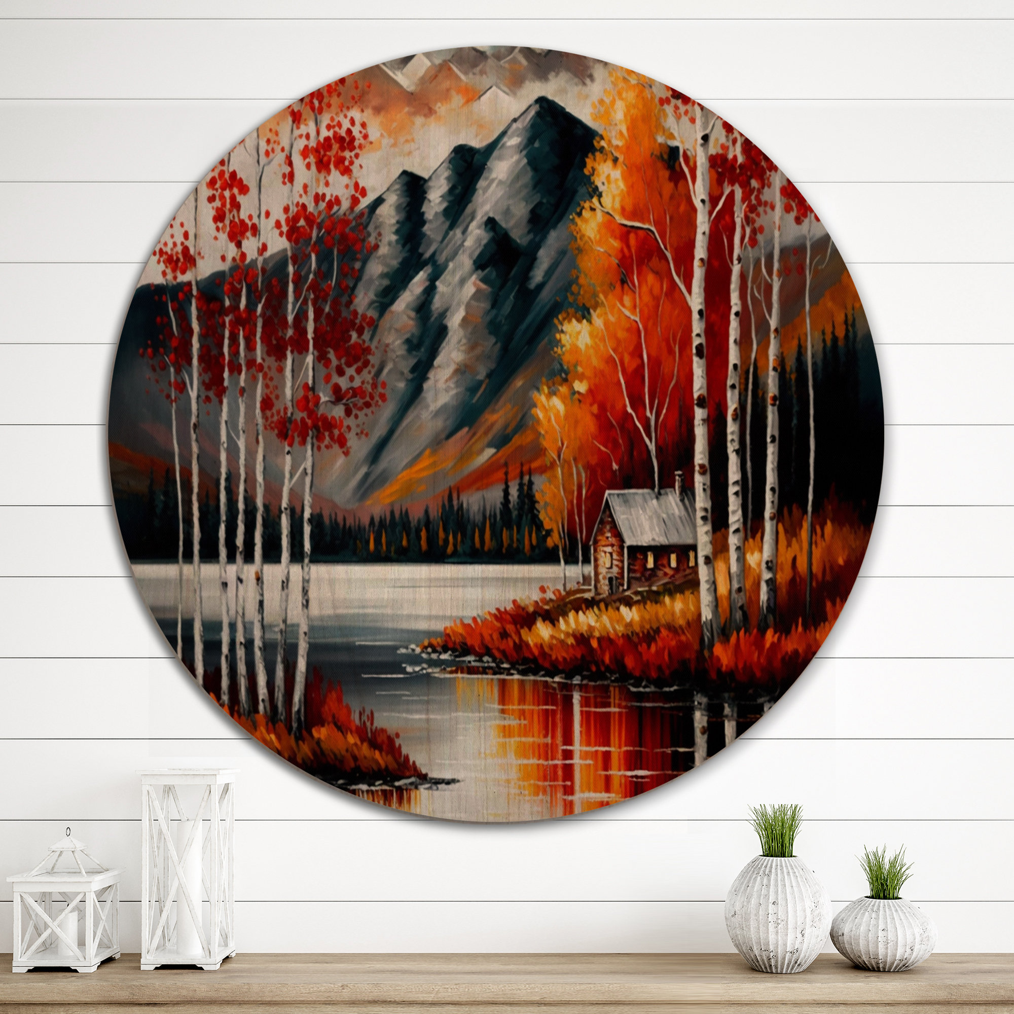 Cabin by The Lake in Autumn I - Farmhouse / Country Wood Wall Art - Natural Pine Wood Millwood Pines Size: 29 W x 29 H