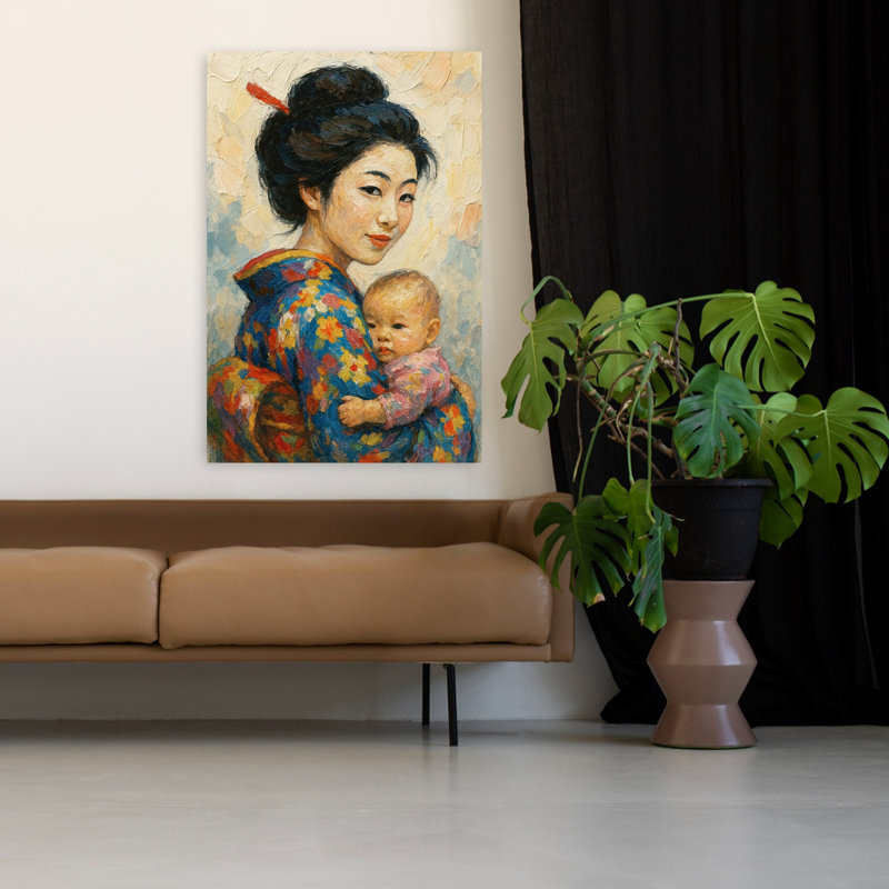 Mère en kimono tenant son bébé, portrait abstrait audacieux et coloré, art mural, H 48 po x l 32 po