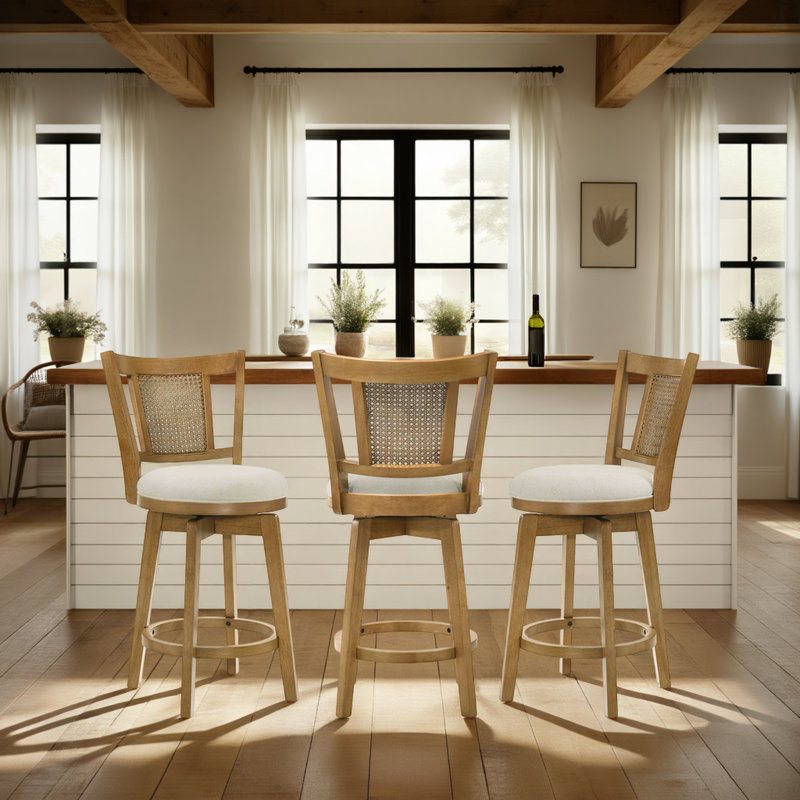 Demeterius Counter Height Or Bar Height Rubberwood Barstool With Fabric Seat, Beige, Counter Stool (25.25” Seat Height), 3