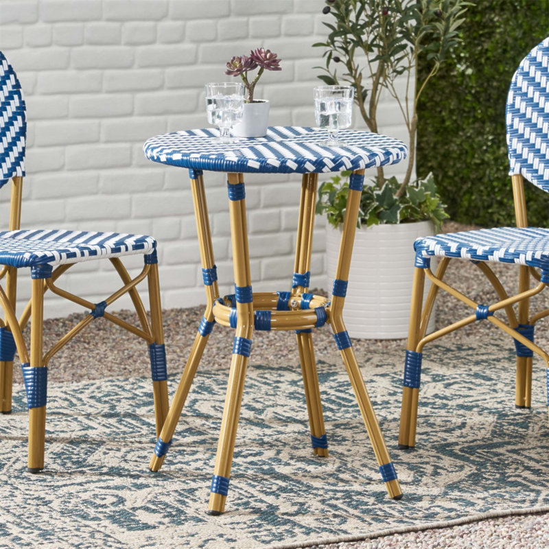 Charmante table bistro française avec structure en aluminium résistant à la rouille et osier durable, parfaite pour la détente et la décoration extérieures