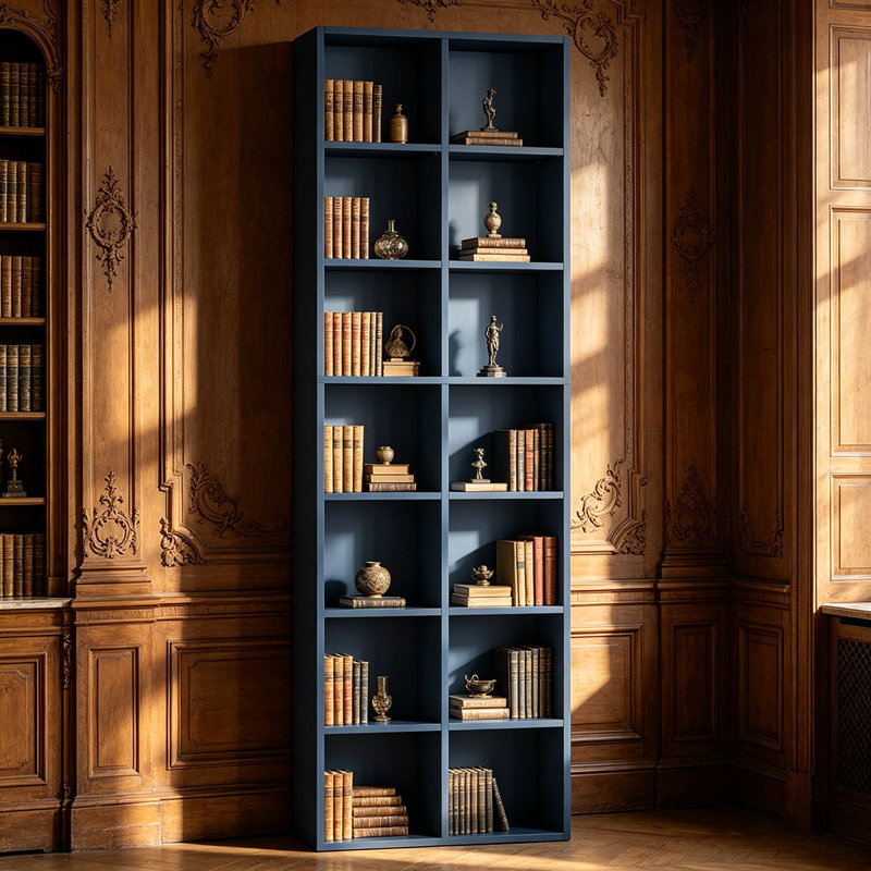 Bibliothèque 7 étages avec 14 cubes, bibliothèque double étroite avec 6 tablettes réglables, peu encombrante, Bleu