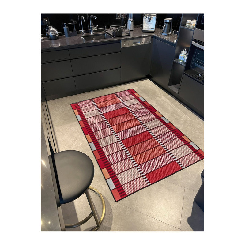 Tapis rouge tissé à motif géométrique rouge lavable à la machine, Tapis de couloir 3 pi 3 po x 9 pi 10 po
