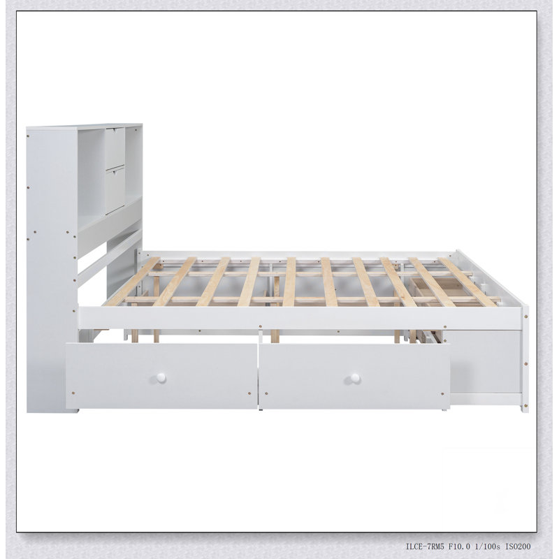 Lit plateforme avec tête de lit avec rangement et 8 tiroirs, Blanc, Très grand