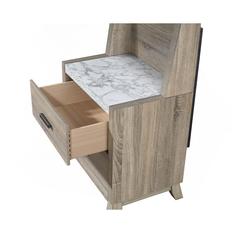 Table de chevet transitionnelle rustique 1 pièce avec dessus en faux pierre et lumière DEL