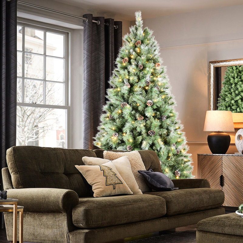 Arbre de Noël 72 pouces 72 pouces avec 300 lumières douces et chaudes, 988 branches, 66 branches de pin, une structure à charnières à installation rapide et un support solide 6 lumières DEL préinstallées