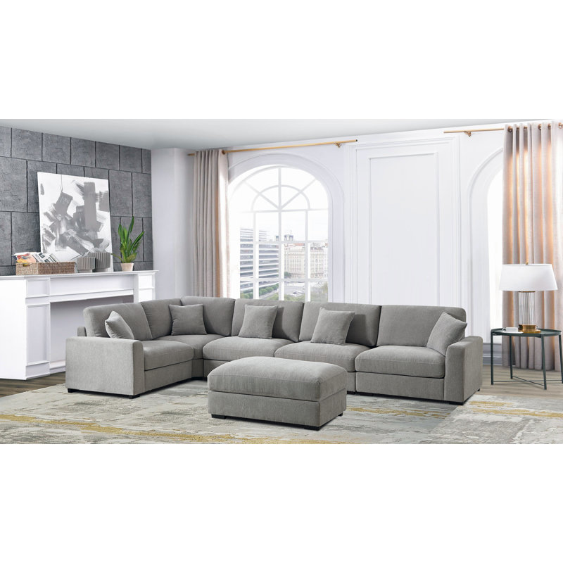 Angeliah 6 Seater Reversible Upholstered Corner Sectional, Light Gray Polyester Blend