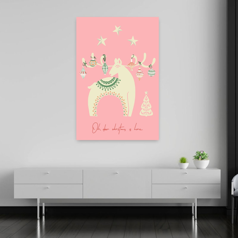 Festive Pink Reindeer Whimsical Abstract Contemporary Christmas Tree Deer Winter Landscape Wall Art Print by Annick - Wrapped Canvas Print