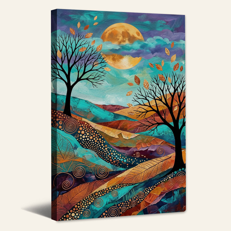 «Autumn Trees» et «Orange Moon» sur toile de sarcelle Hills, art mural, H 24 po x l 16 po