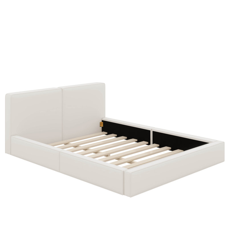 Grand lit plateforme tapissier avec tissu en velours, Beige