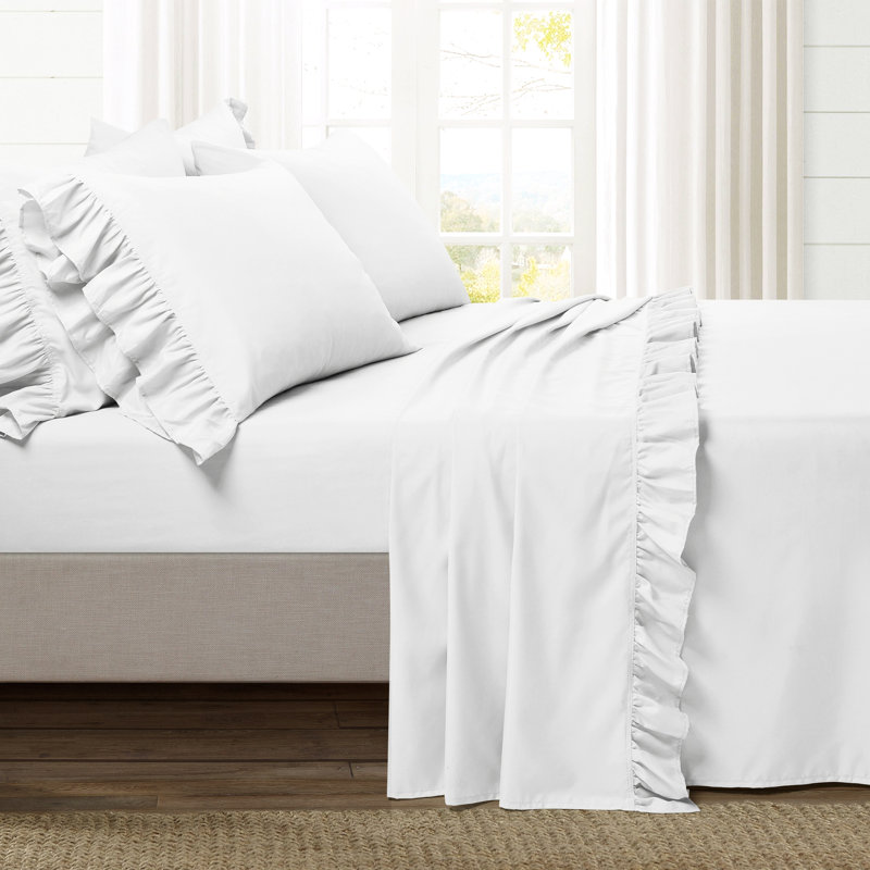 Reyna Ruffle Microfiber Sheet Set, Queen Sheet Set with Fitted Sheet and 4 Pillowcase, White