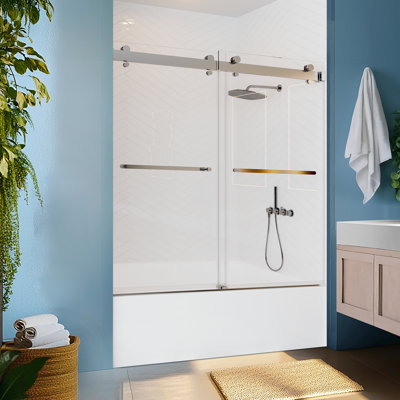 Porte de douche coulissante double sans cadre avec verre trempé de 3/8 po de l 56 à 60 po x H 66 po