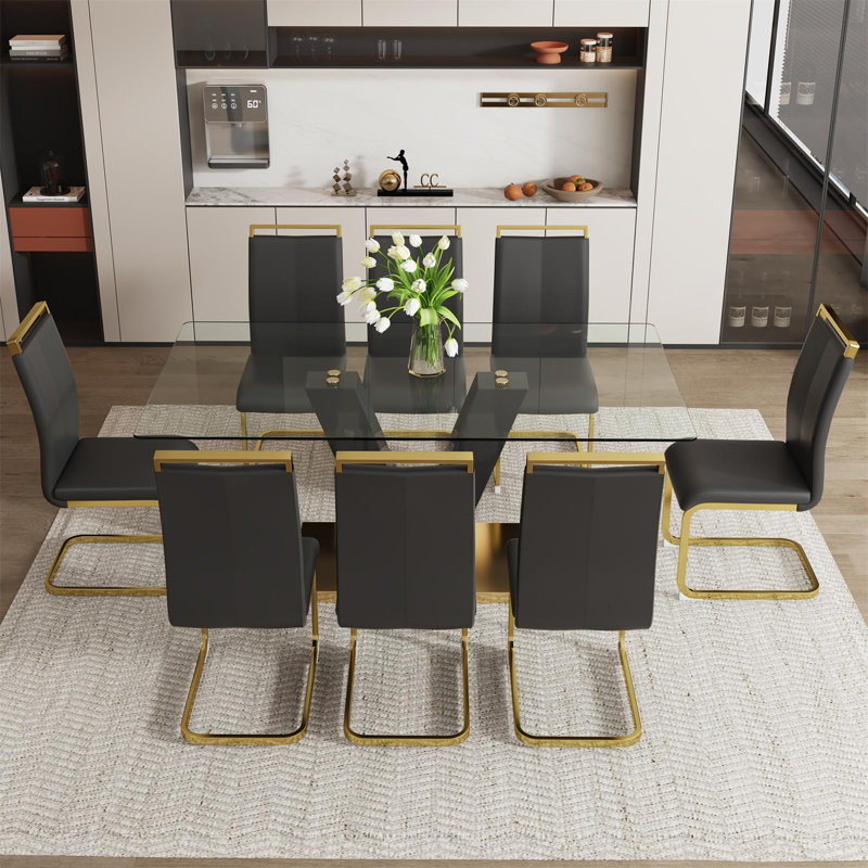 71" Glass Top Dining Room Table Set for 8, Sturdy Kitchen Table Set with Upholstered Chairs, 9 Pieces: Table, 8 Chairs, Black