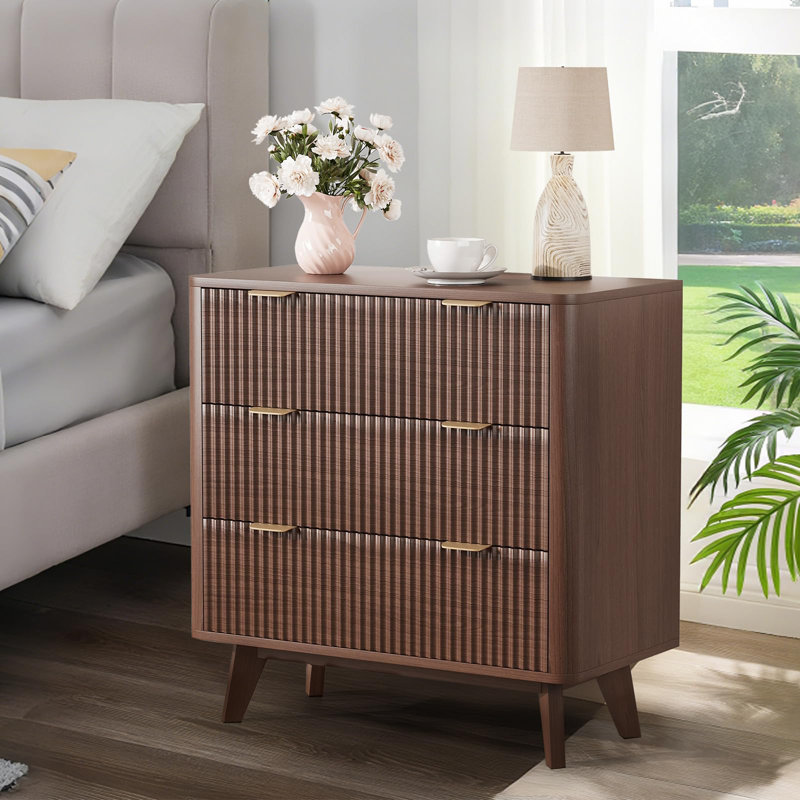 32" Width Modern Nightstands, Fluted Nightstand with Faux Marble Top,3 Drawer Bedside Table,Large Nightstand for Bedroom