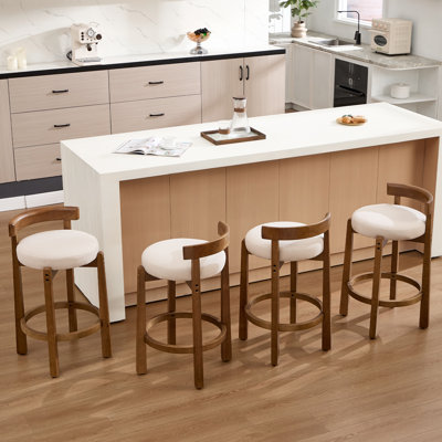 Ensemble de 4 tabourets de bar Mid-Century en lin beige à hauteur de comptoir avec dossier bas et structure en bois massif, tabourets de bar rembourrés pour le comptoir, élégants et confortables