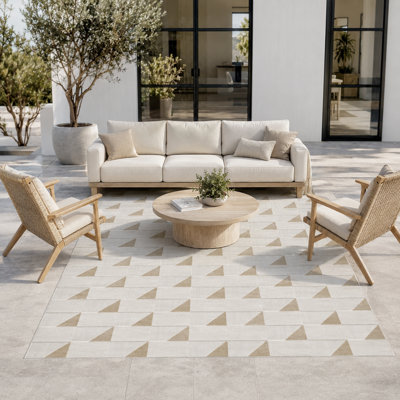 Tapis à motif géométrique moderne / minimaliste à carreaux crème / beige / brun pour salon, chambre à coucher, patio, terrasse