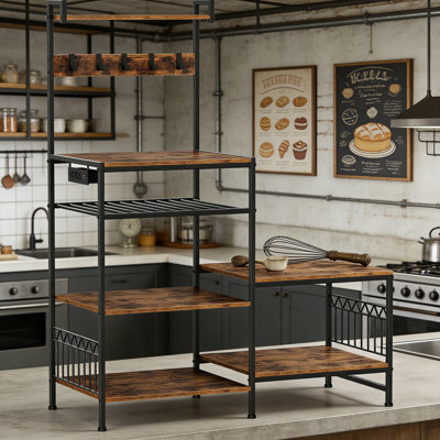 Étagère de boulanger de cuisine multifonctionnelle avec prise de courant, mini-réfrigérateur et support à micro-ondes, table basse avec tablettes de rangement et crochets en S