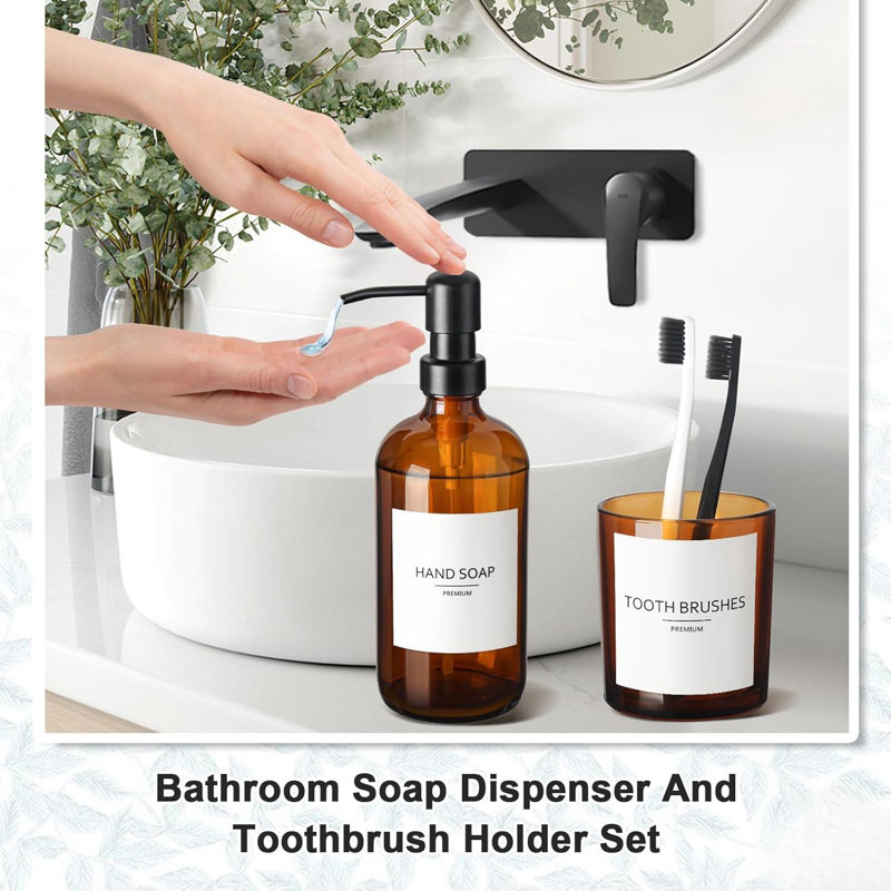 Ensemble d'accessoires de salle de bain, ensemble de 5 ensembles d'accessoires de salle de bain en verre ambré complet, distributeur de savon brun et porte-brosse à dents, ensemble de lavabo de comptoir de salle de bain avec étiquettes, décor de salle de bain rétro moderne et rustique