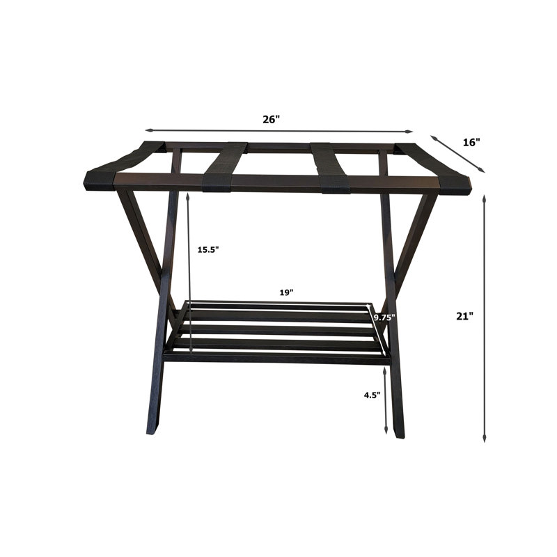 Brushed Black Bamboo Folding Luggage Rack with Shelf
