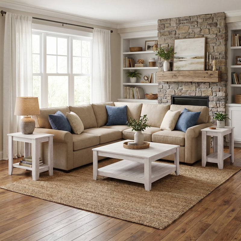 Weddel Basilico Modern Farmhouse 3 Piece Living Room Table Set, Light Gray