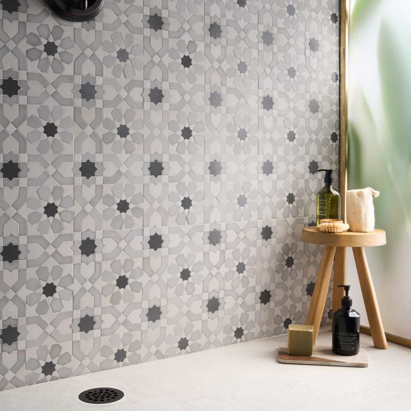 Cantico Fes Mixed Finish Lava Stone And Cement Mosaic Tile, Cloud Gray