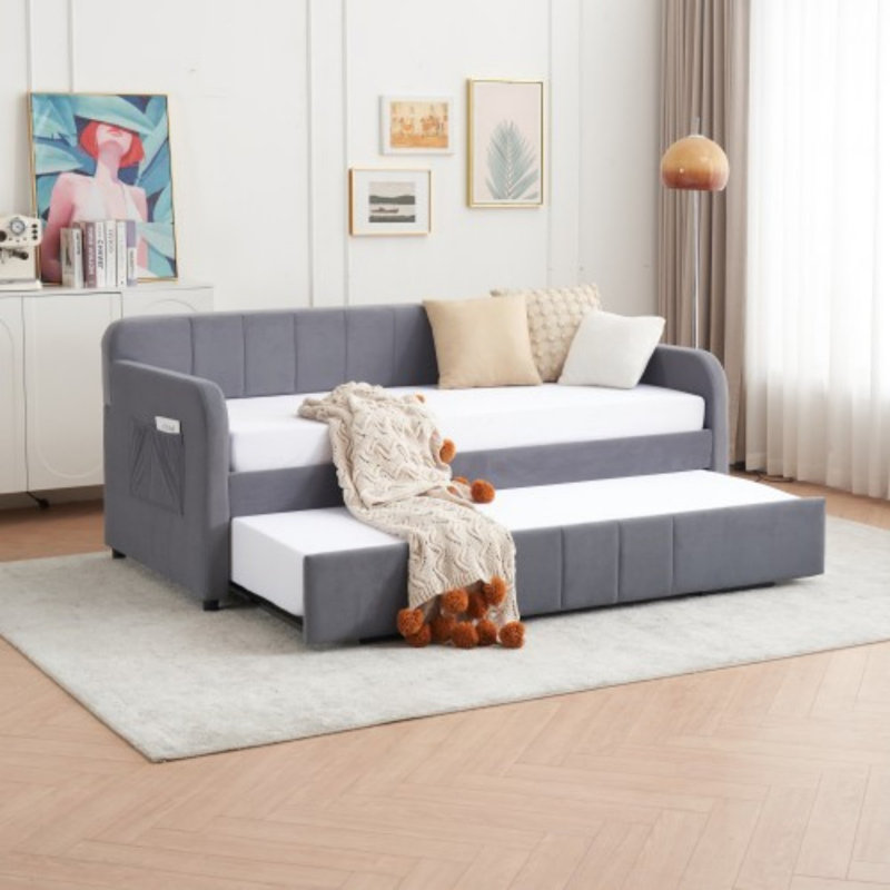 Twin Upholstered Daybed Frame with Trundle, Gray
