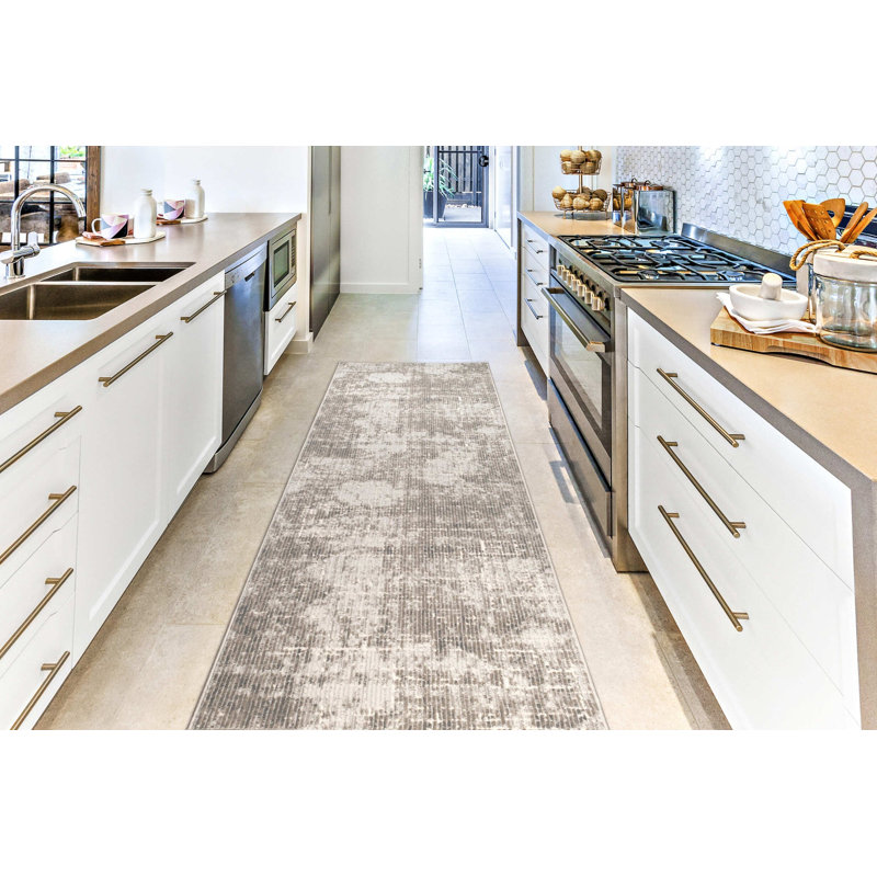 Tapis abstrait gris en polypropylène / jute tissé à la machine, Rectangle 2 pi 7 po x 4 pi 11 po