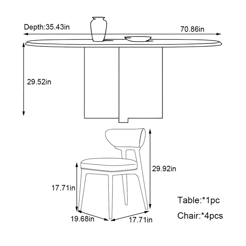 Ensemble de table de salle à manger encastré en bois massif, H 29,52 po x L 70,86 po x l 35,43 po