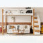 Lit mezzanine simple avec crochet à vêtements et tablettes de rangement, idéal pour économiser de l'espace et organisé, beige et naturel-133491173