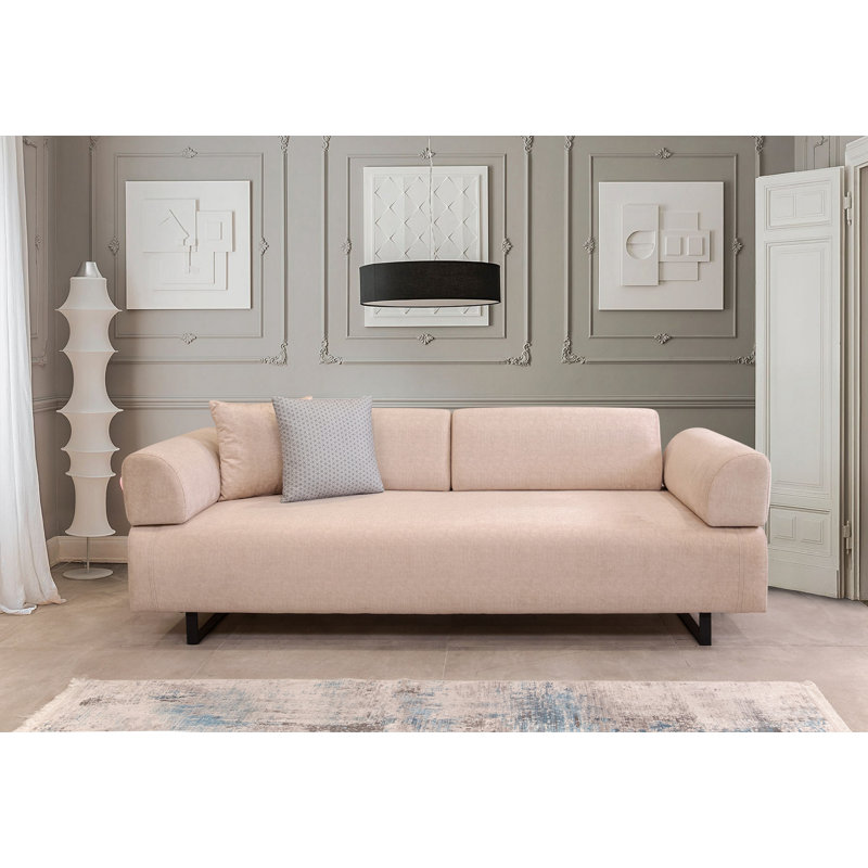 3-Seat Sofa-Bed, Beige Fabric, 86.6 x 35.4 x 31.5 inches | Beech Wood & Chipboard Frame | 100% Polyester, Portable Cushions, Includes 2 Pillows | Fixed Back Cushion, Stylish for Home & Industrial Decor