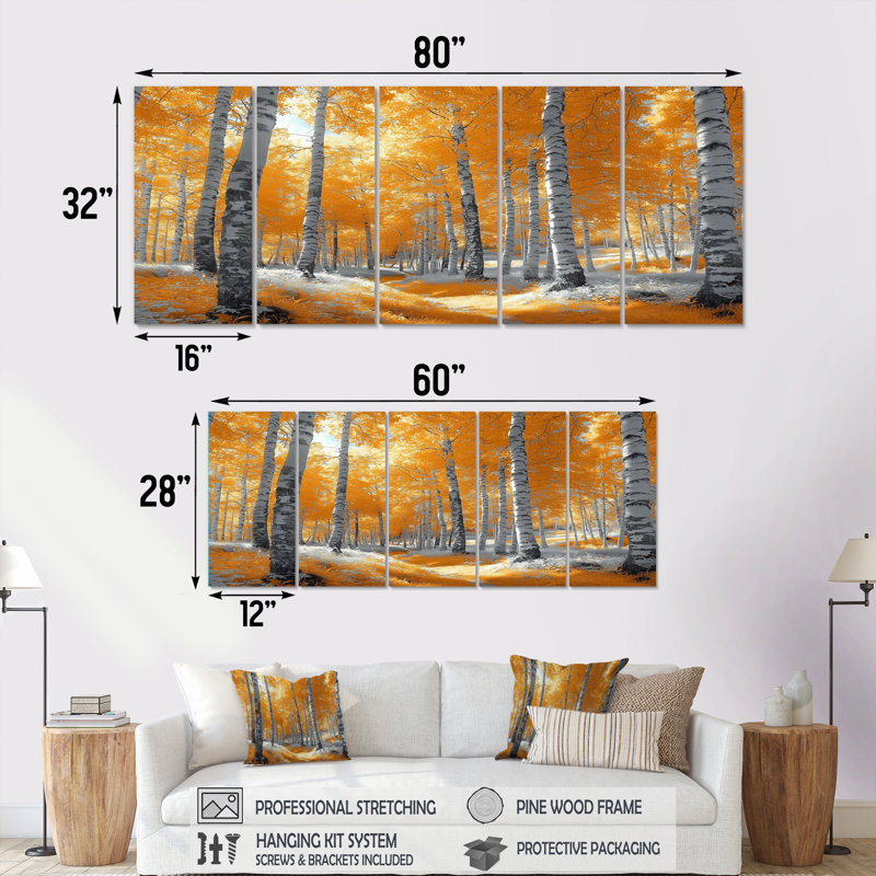 «Autumn Birch Trees Forest Path Panorama II», ensemble d'art mural forêt, H 28 po x l 60 po