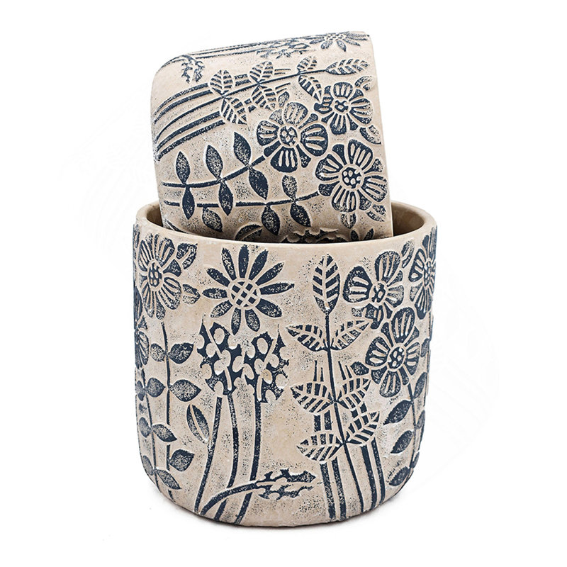 S / 2 pots à sable et ciment gris avec motif floral bleu, Bleu/gris