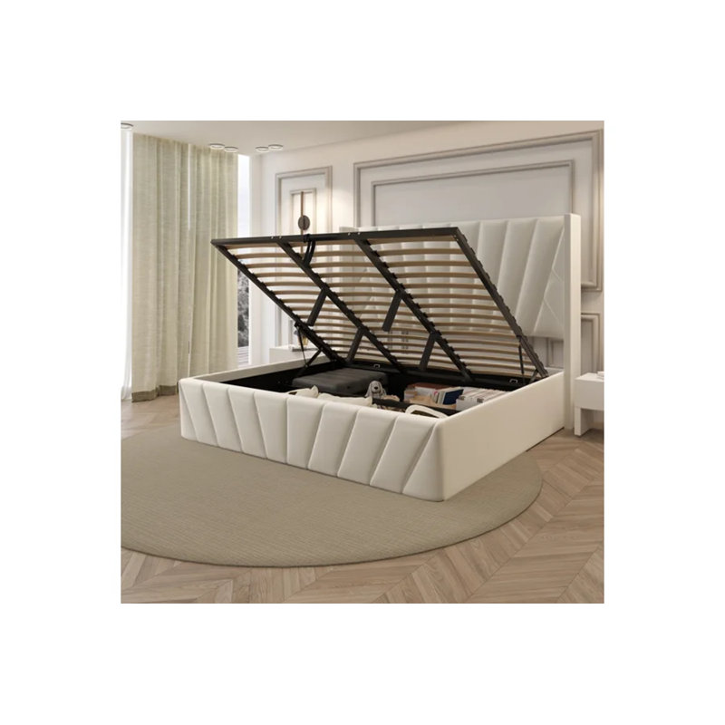 Eva Modern Soft Padded Upholstered Lift up Storage King Bed Frame with Hydrualic & Wood Slats System, King, Ivory