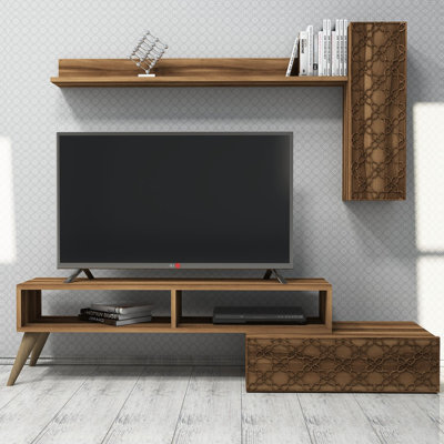 Modern Walnut TV Unit with Wall Shelf & Cabinet | 100% Melamine Coated Particle Board, Dimensions: 59.1 x 14.9 x 14.6 inches | Features Multiple Shelves, Plastic Legs, and Wall-Mountable Design | Stylish & Functional Home Entertainment Solution