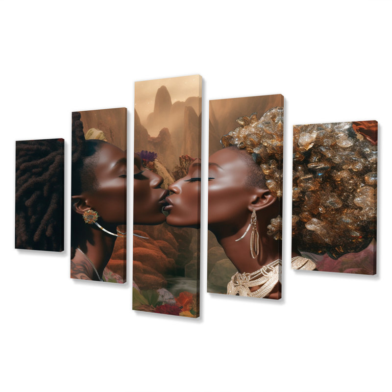 Kissing African Goddess Divine Love I - Couple, reproduction d'art murale - 5 panneaux