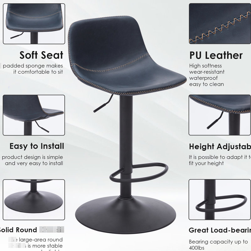 Tabourets de bar réglables, de 2, moderne Mid-Century, cuir de polyuréthane bleu, industriel, support arrière pivotant, comptoir de cuisine, base de 17,3 pouces, supports de 350 lb, salle à manger polyvalente, lb