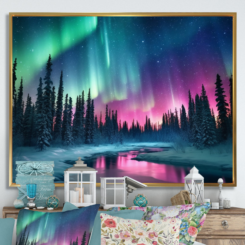Northern Lights In Alaska II - Alaska, art mural, H 24 po x l 32 po x P 1 po, Cadre flottant doré