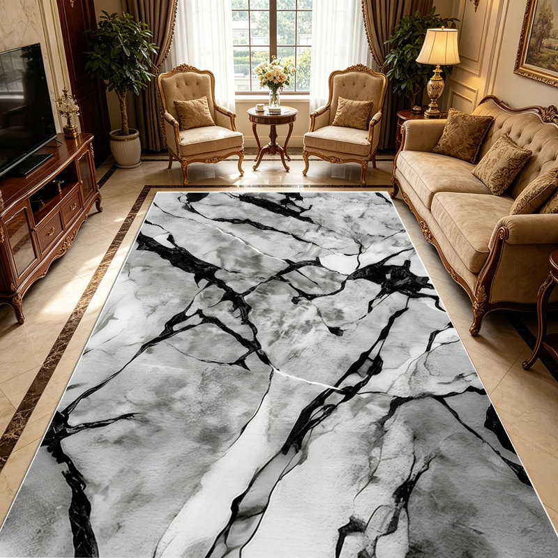 1PC Black And White Marble Vein Pattern area rugs for Living Room, Soft and Comfortable, Suitable for all seasons, easy-to-maintain, machine washable Indoor floor mat, Under Table Farmhouse suitable for Dining Table, Kitchen, Bedroom, Entryway, Home