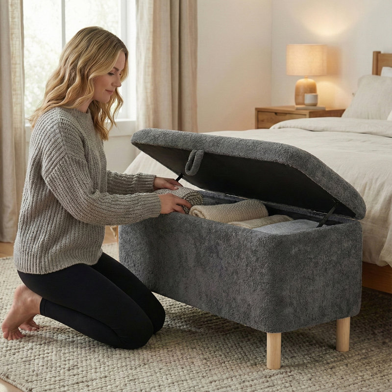Fabric Upholstered Storage Bench, Grey