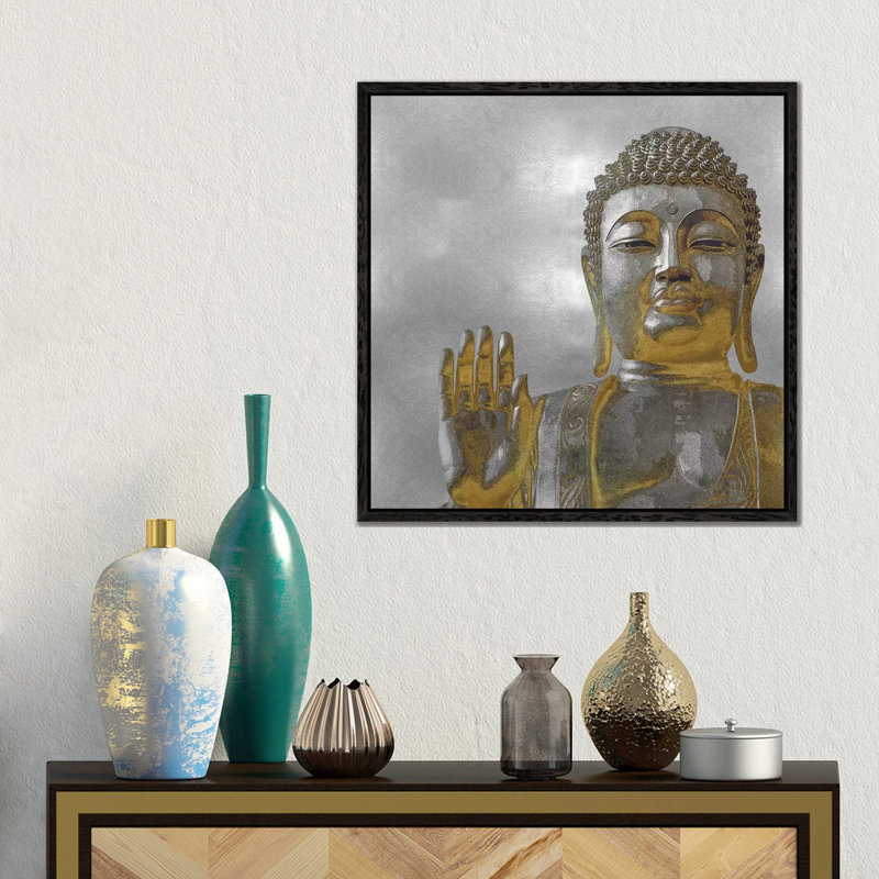 Silver And Gold Buddha by Tom Bray - Gallery-Wrapped Canvas Giclée on Canvas, Black Floater Framed, 45.72 cm H x 45.72 cm W
