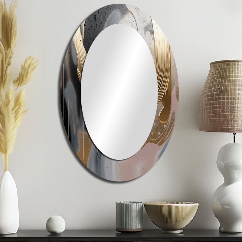 Résumé : « Golden And Pink Infinity Rivers IV » - Miroir mural ovale moderne doré, 36" x 24"