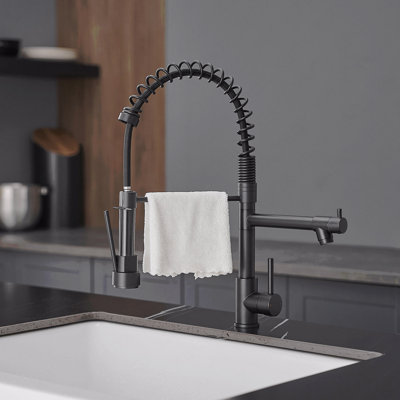 Robinet de cuisine noir à poignée simple en acier inoxydable 304 avec douchette rétractable et distributeur de savon, 2 modes