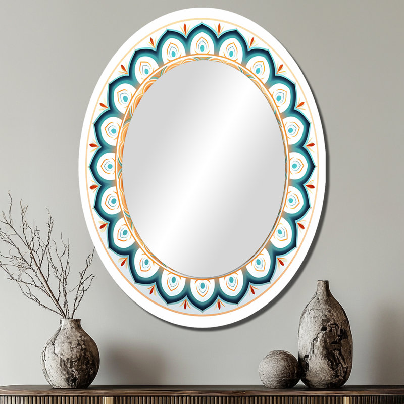 Exquis mandala en rétro bleu et orange I - grand miroir mural ovale sur métal, 40 po x 30 po
