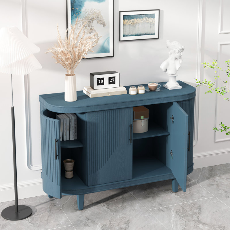 Buffet de rangement bleu en bois, armoire moderne de 47,2 pouces avec 4 portes et tablettes réglables pour la chambre à coucher, console de cuisine, décoration intérieure de chambre à coucher