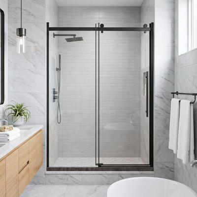 Porte de douche simple sans cadre l 48 po x H 72 po coulissante en noir mat, porte de douche en verre trempé transparent épais de 1/4 po avec poignée en acier inoxydable