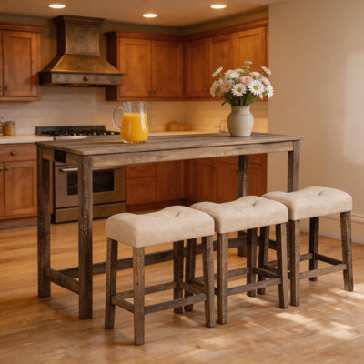 Ensemble de table de bar 4 pièces avec prise de courant, structure en bois d'hévéa, 3 tabourets rembourrés en lin pour les espaces de vie intérieurs