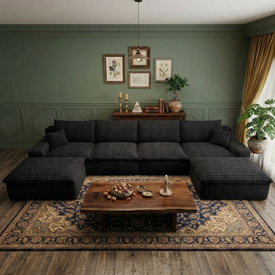 Modern Corduroy 134.5" U-Shaped Modular Sectional Sofa, Oversized Cloud Boneless 4-Seater Couch with Ottoman, Deep Seat, No Assembly Required,black
