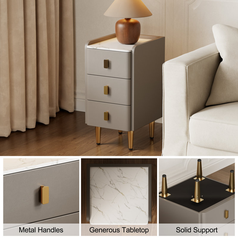 Set of 2 Solid Wood Core Nightstands with Faux Leather Upholstery & Sintered Stone Top, Brown