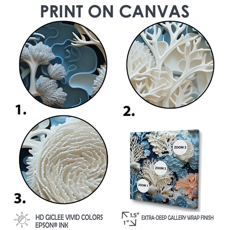 Under Water Blue and White Corals Collage I - Coastal, reproduction sur toile encadrée, H 36 po x l 36 po x P 1,5 po